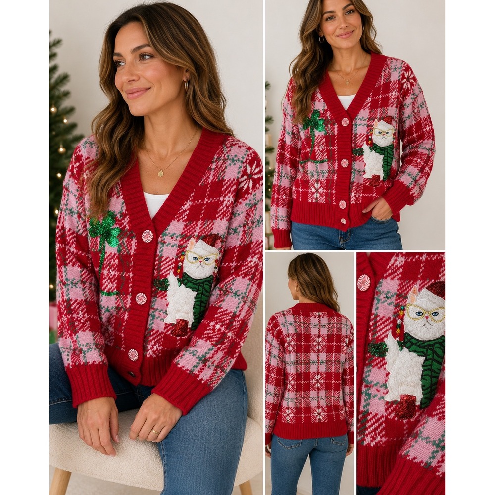 Celebrate Together Christmas Cat Cardigan Sweater Red Pink Plaid Sequin Medium‎